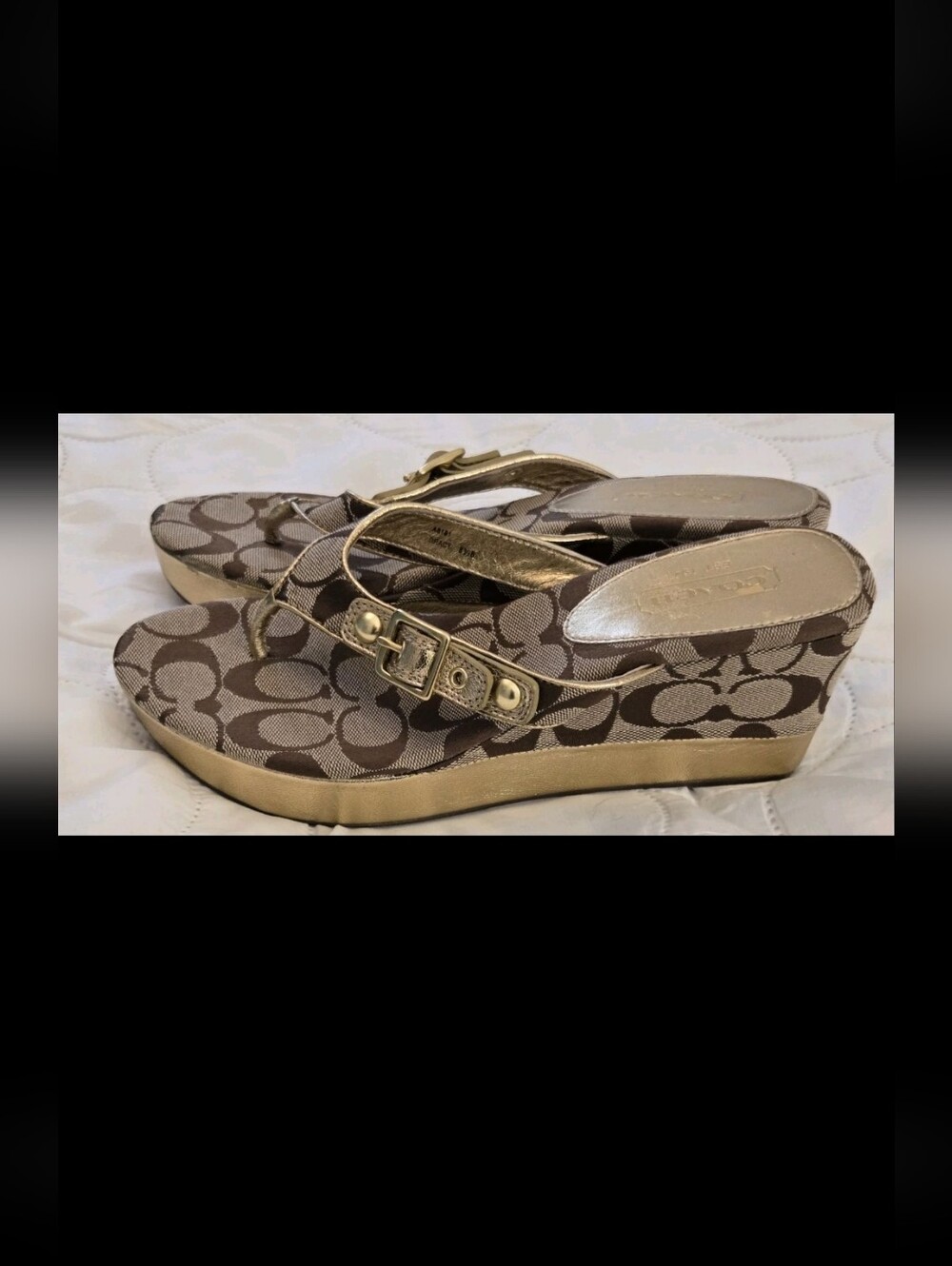 Coach Y2K Vintage Gracy Brown Signature Canvas Wedge Sandals with Gold Trim 8.5B
